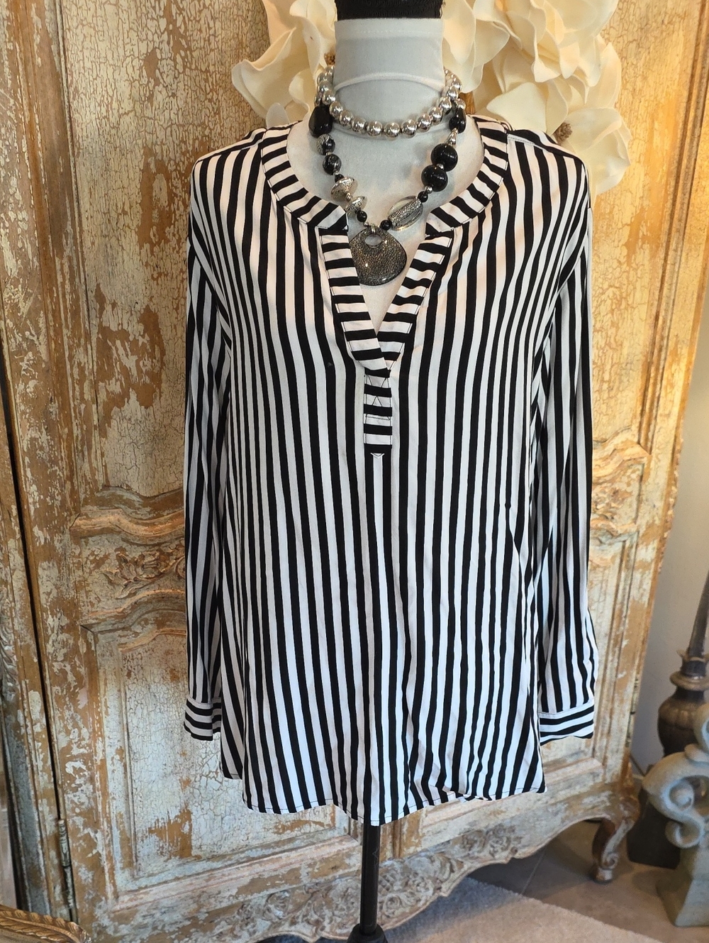 Jane and Delancey Black & White Vertical Stripe V-Neck Tunic